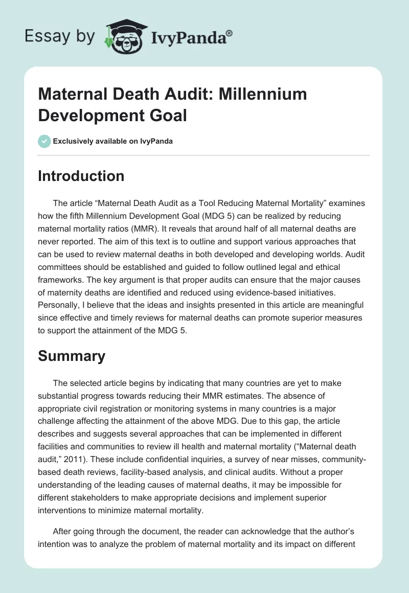 Maternal Death Audit: Millennium Development Goal. Page 1