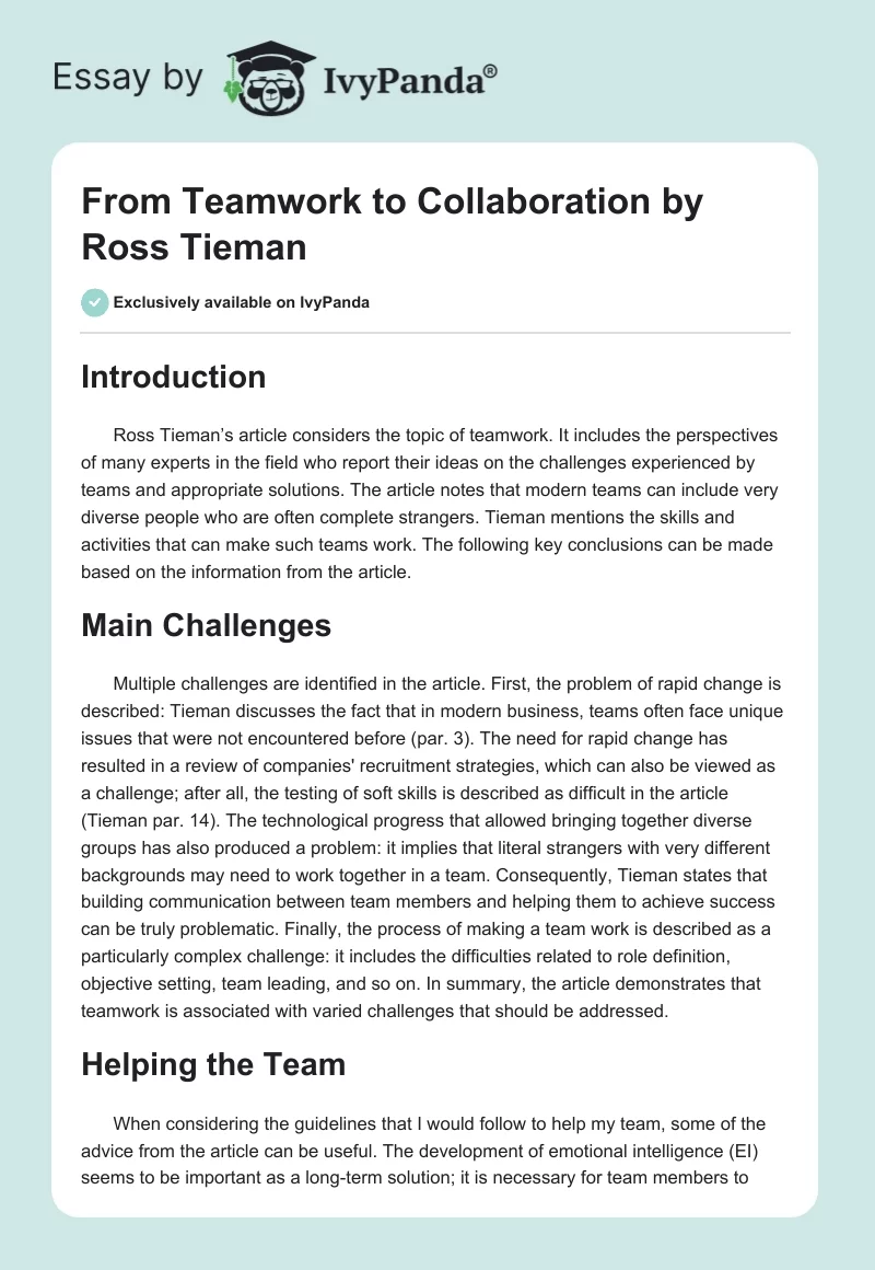 "From Teamwork to Collaboration" by Ross Tieman. Page 1