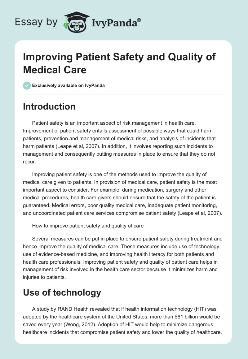 Improving Patient Safety and Quality of Medical Care. Page 1