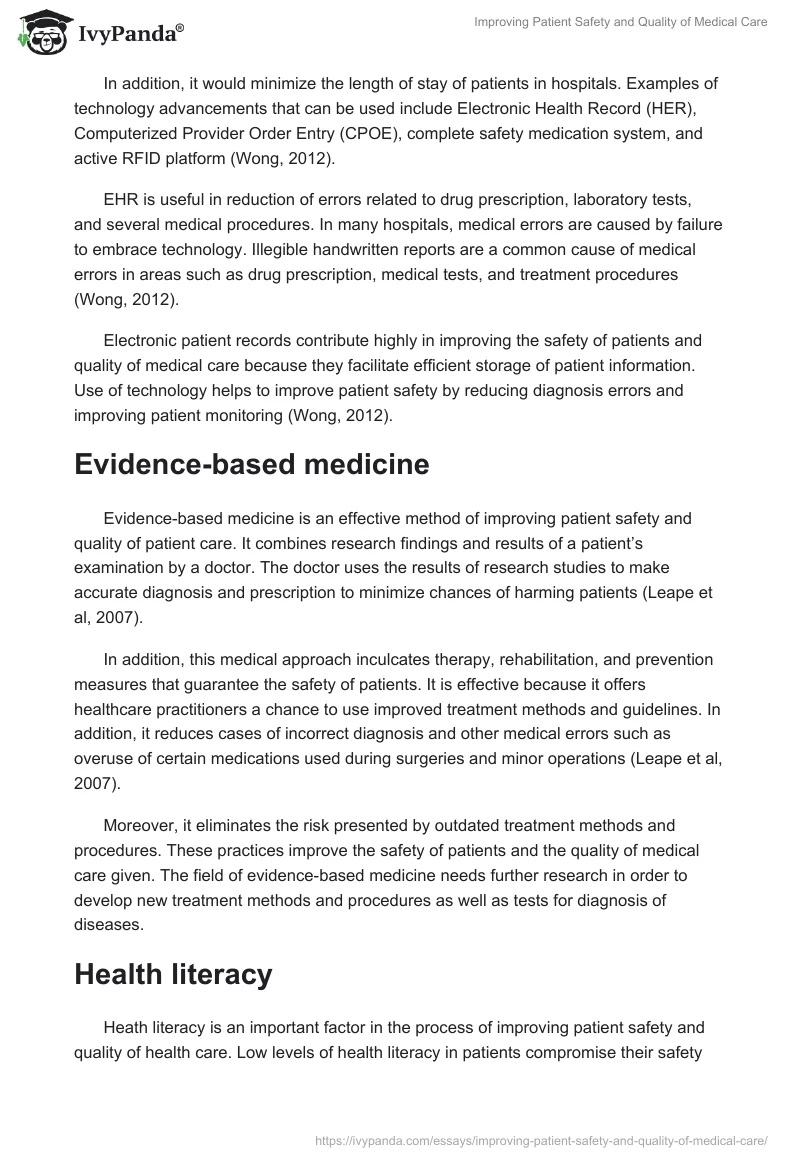 improving patient safety and quality of care essay