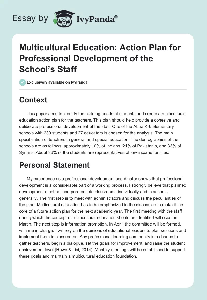 Multicultural Education: Action Plan for Professional Development of the School’s Staff. Page 1
