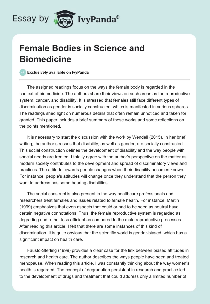 Female Bodies in Science and Biomedicine. Page 1