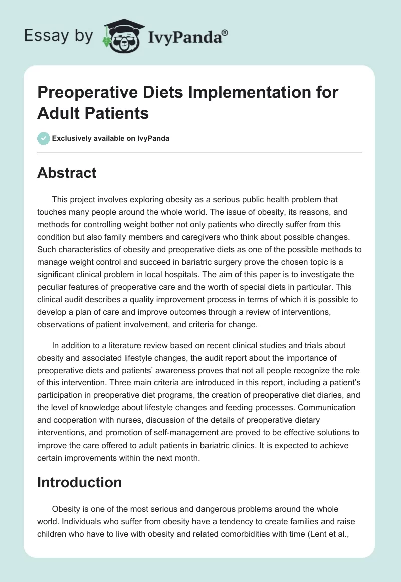 Preoperative Diets Implementation for Adult Patients. Page 1