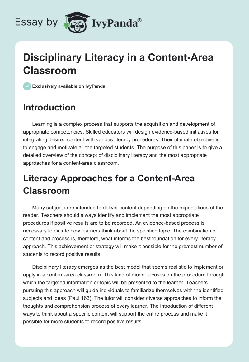 Disciplinary Literacy in a Content-Area Classroom. Page 1