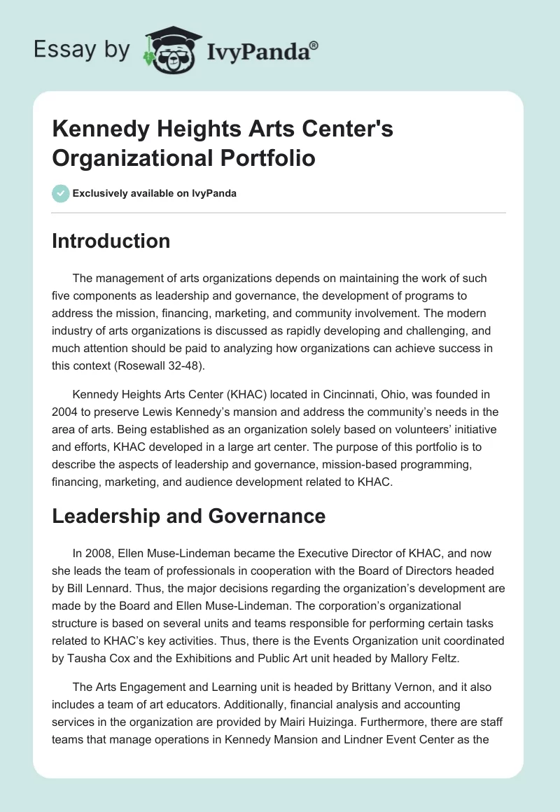 Kennedy Heights Arts Center's Organizational Portfolio. Page 1