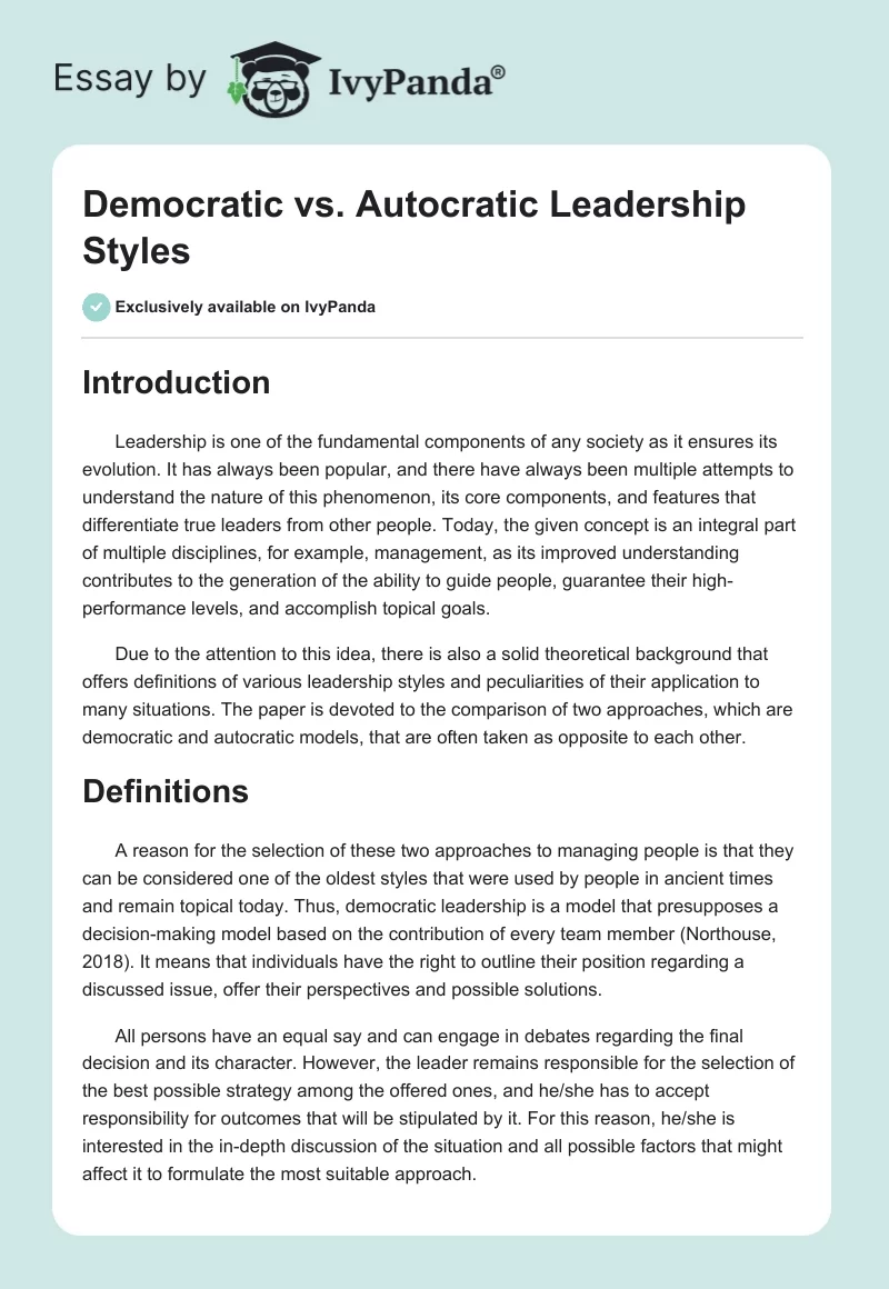 Democratic vs. Autocratic Leadership Styles. Page 1