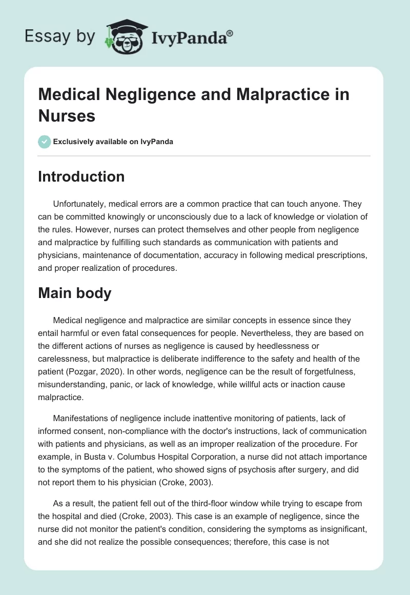 Medical Negligence and Malpractice in Nurses. Page 1
