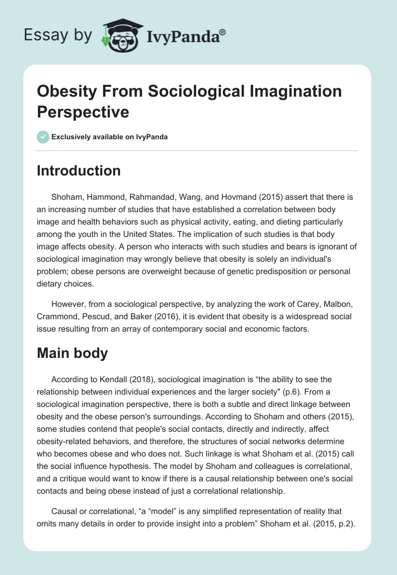 Obesity From Sociological Imagination Perspective. Page 1