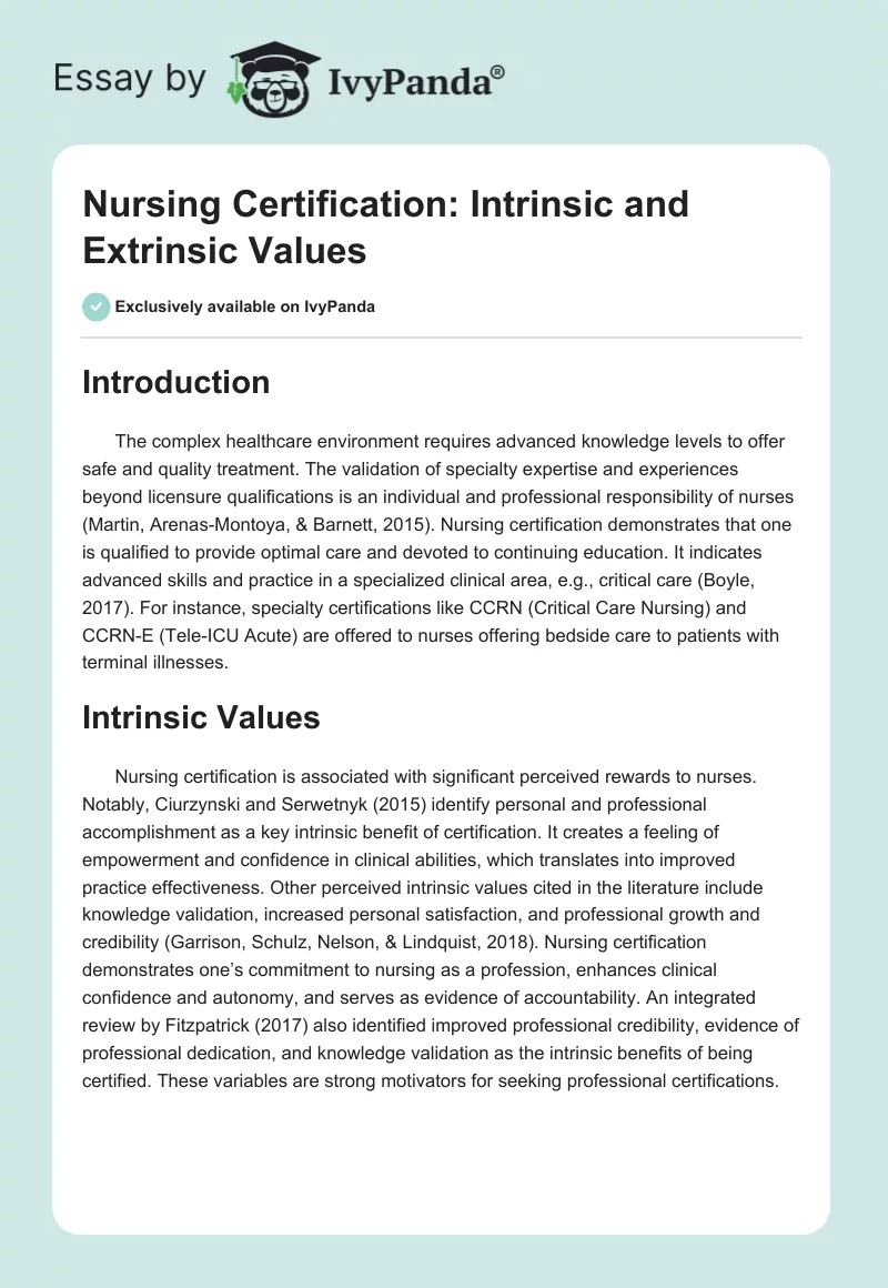 Nursing Certification: Intrinsic and Extrinsic Values. Page 1