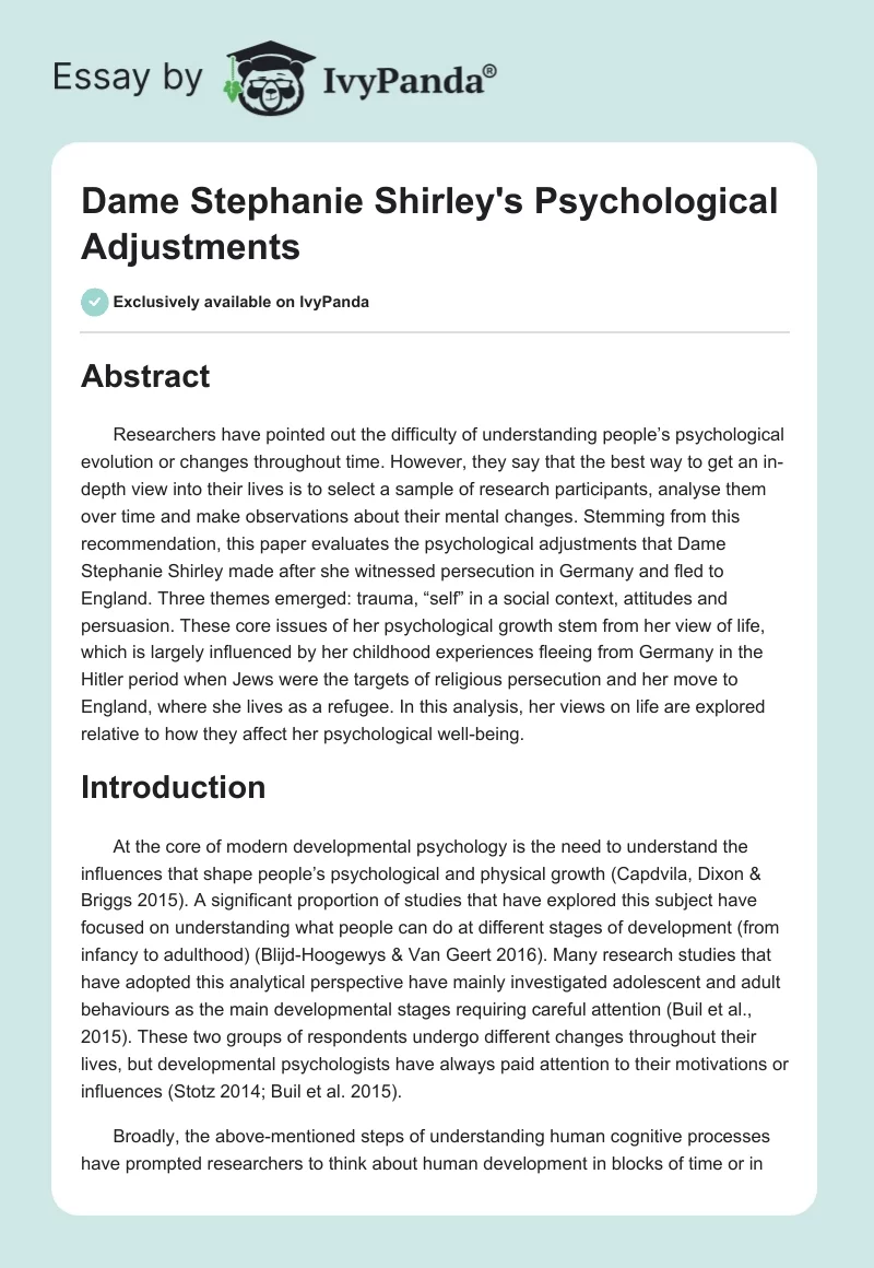 Dame Stephanie Shirley's Psychological Adjustments. Page 1