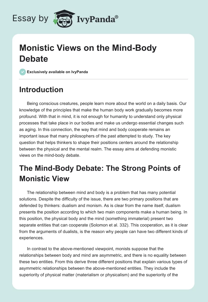 Monistic Views on the Mind-Body Debate. Page 1