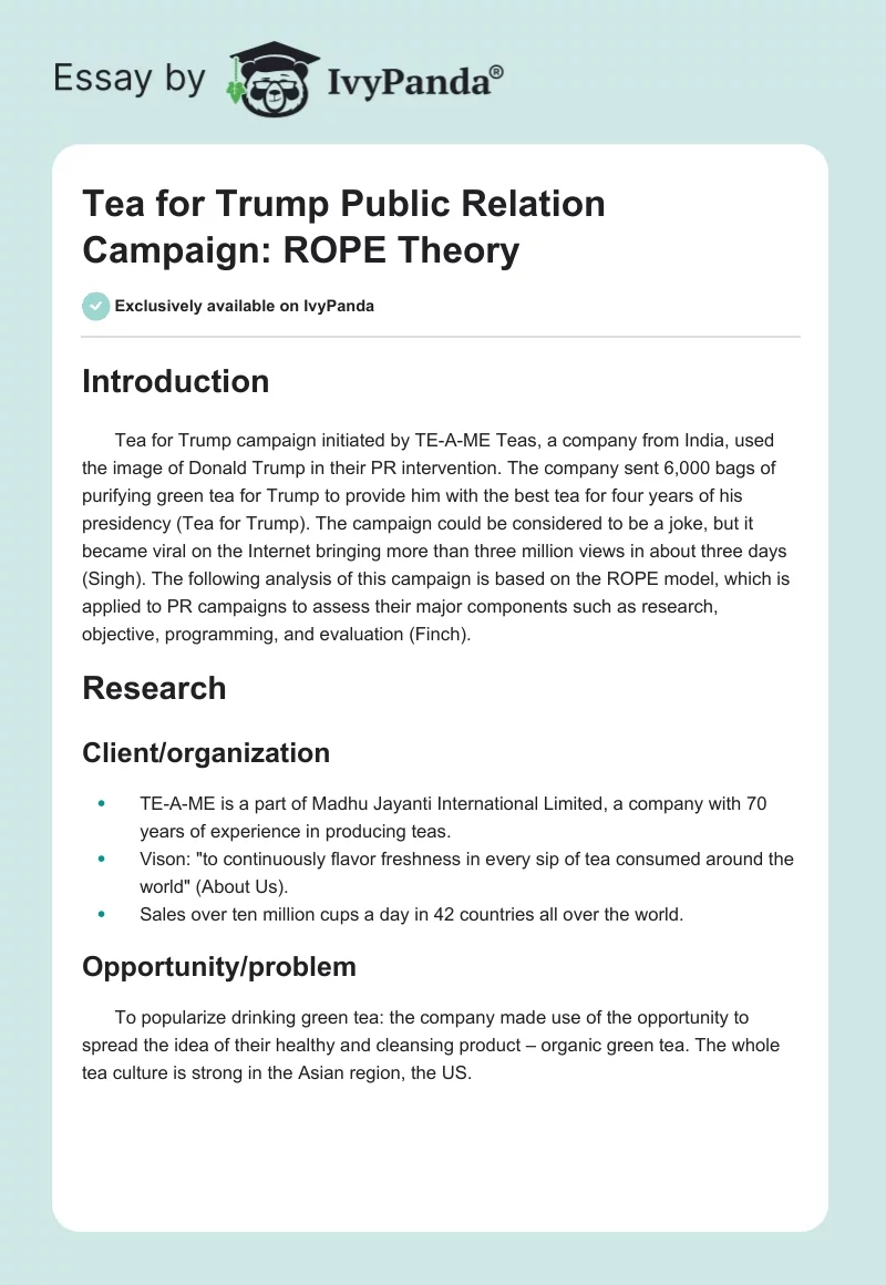 Tea for Trump Public Relation Campaign: ROPE Theory. Page 1