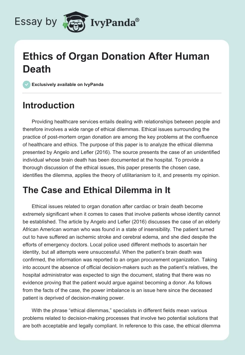 Ethics of Organ Donation After Human Death. Page 1
