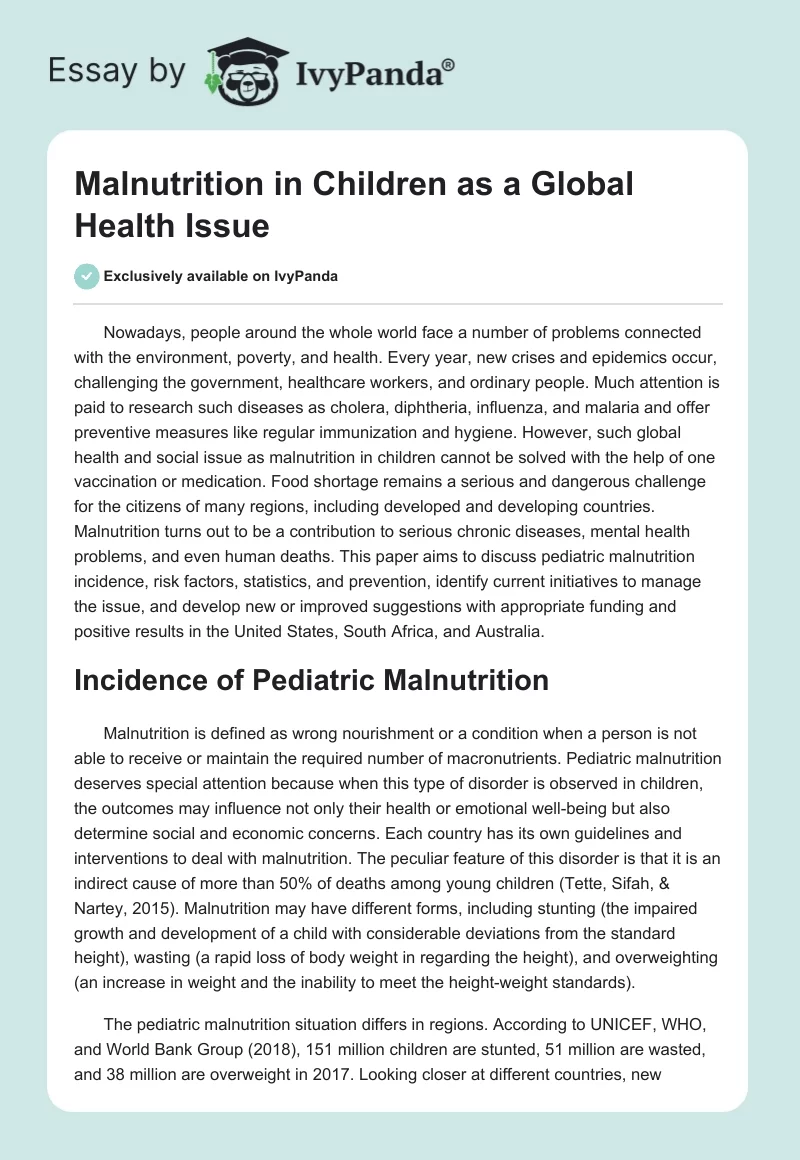 Malnutrition in Children as a Global Health Issue. Page 1