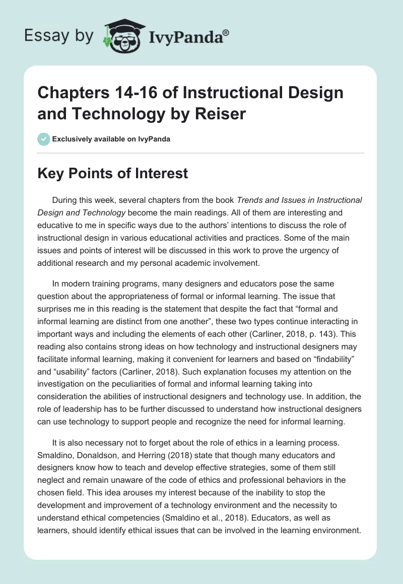 Chapters 14-16 of Instructional Design and Technology by Reiser. Page 1