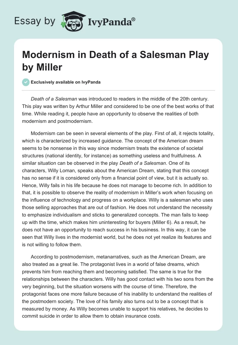 Modernism in "Death of a Salesman" Play by Miller. Page 1