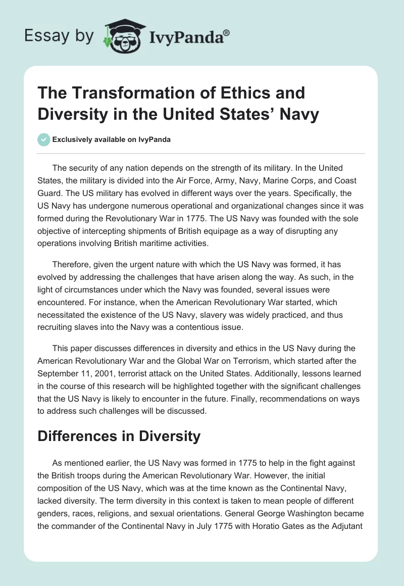 The Transformation of Ethics and Diversity in the United States’ Navy. Page 1