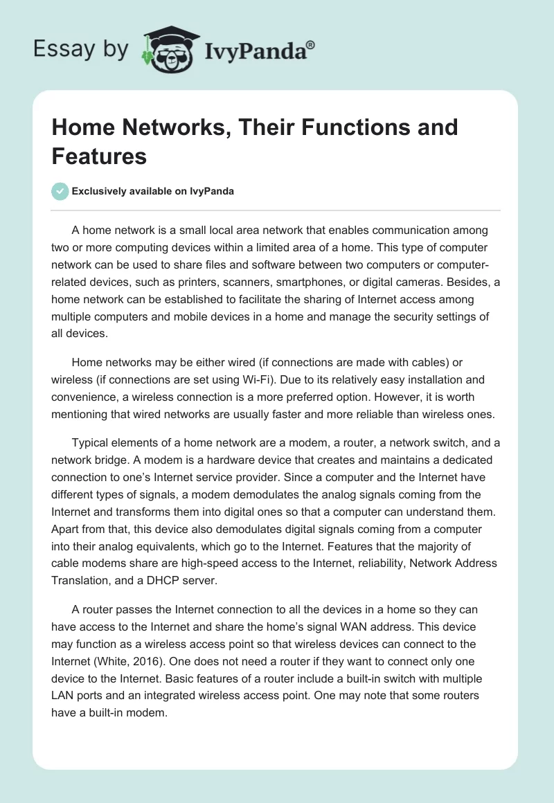 Home Networks, Their Functions and Features. Page 1