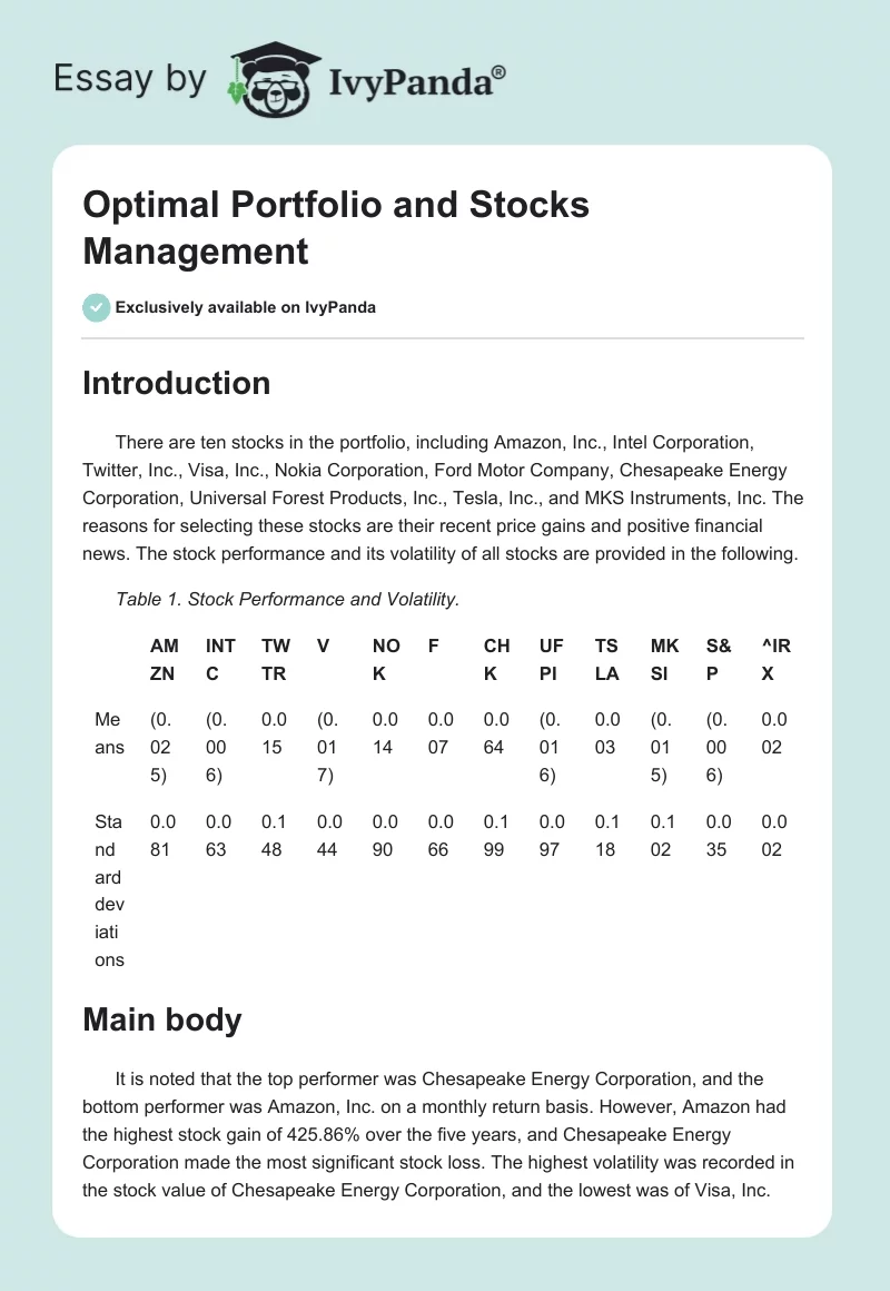 Optimal Portfolio and Stocks Management. Page 1