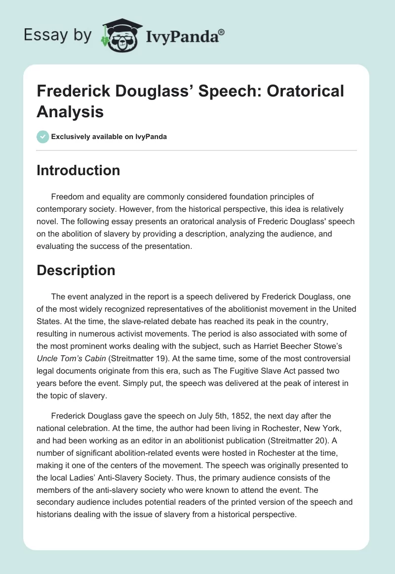 Frederick Douglass’ Speech: Oratorical Analysis. Page 1
