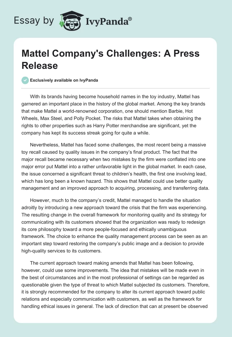 Mattel Company's Challenges: A Press Release. Page 1