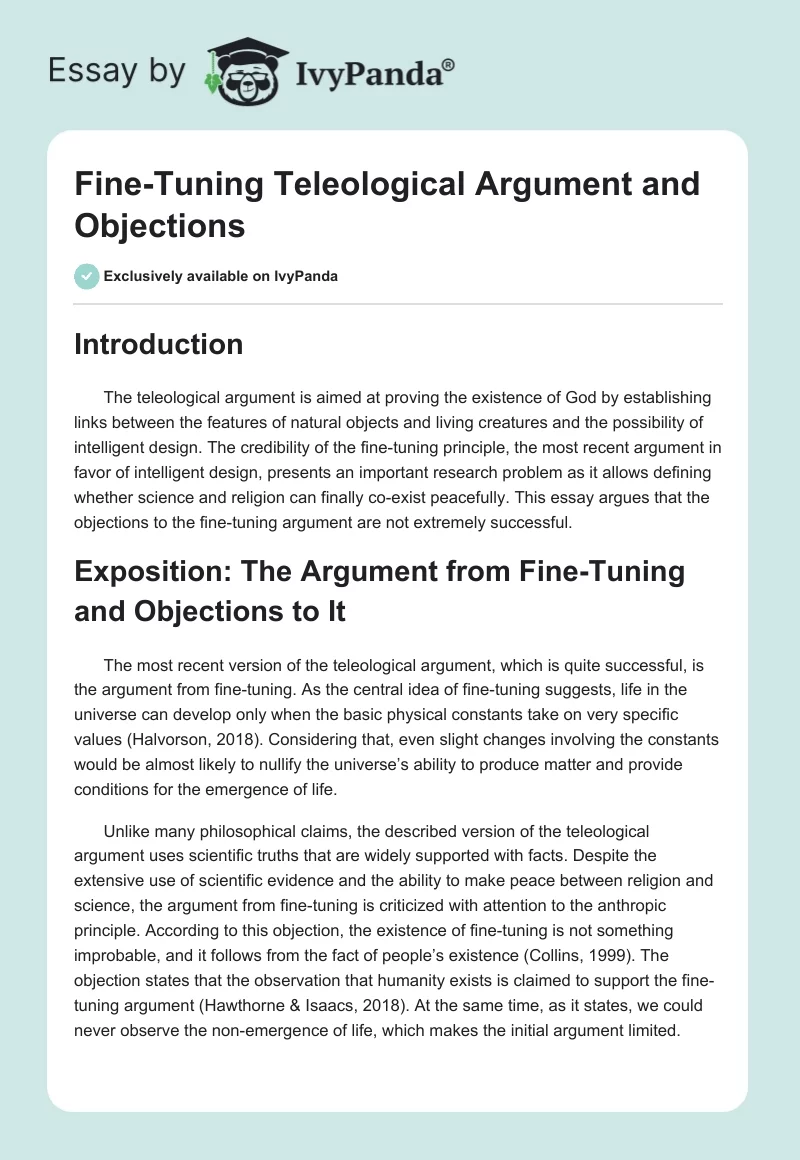 Fine-Tuning Teleological Argument and Objections. Page 1