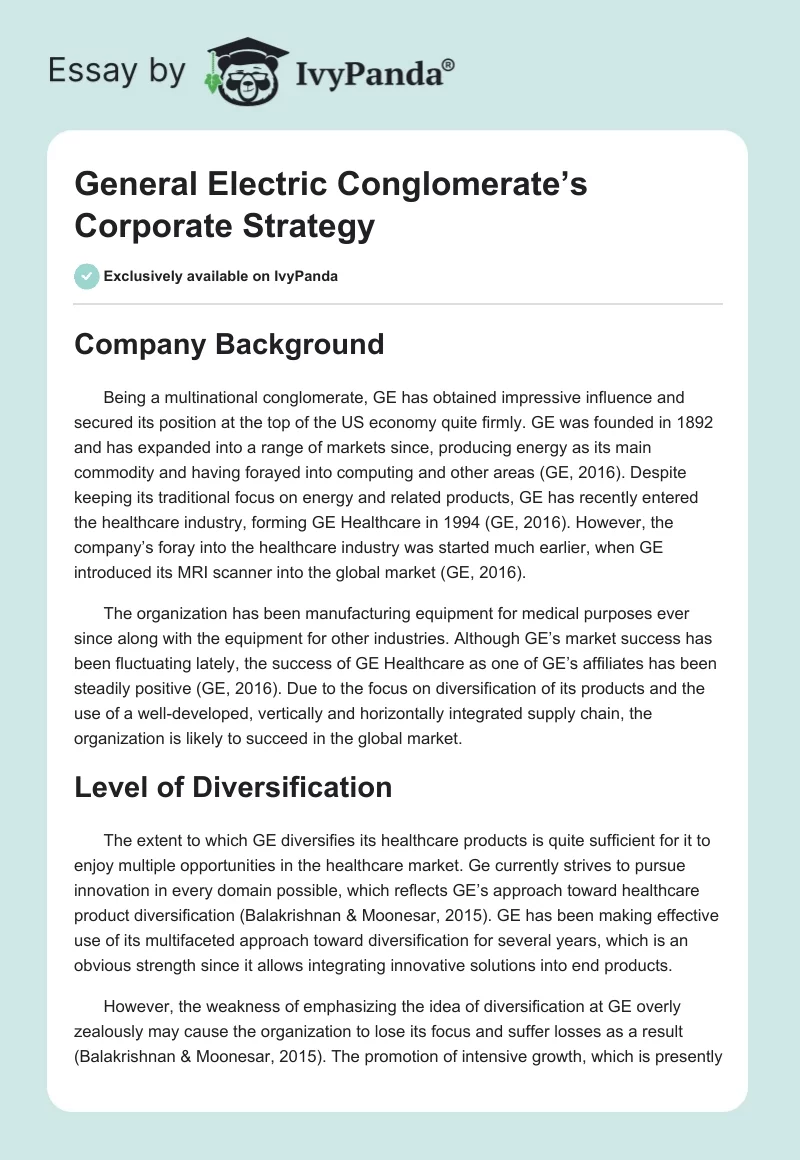 General Electric Conglomerate’s Corporate Strategy. Page 1
