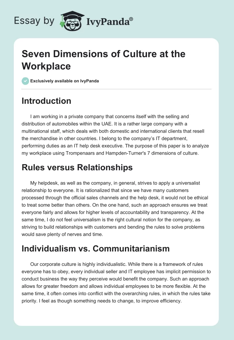 Seven Dimensions of Culture at the Workplace. Page 1
