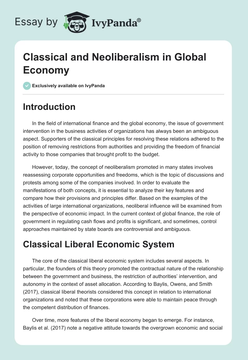 Classical and Neoliberalism in Global Economy. Page 1