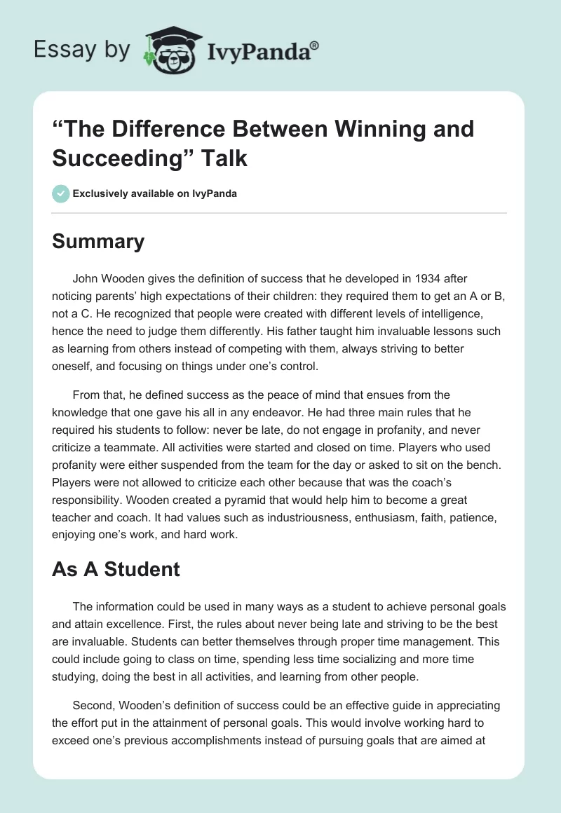 “The Difference Between Winning and Succeeding” Talk. Page 1