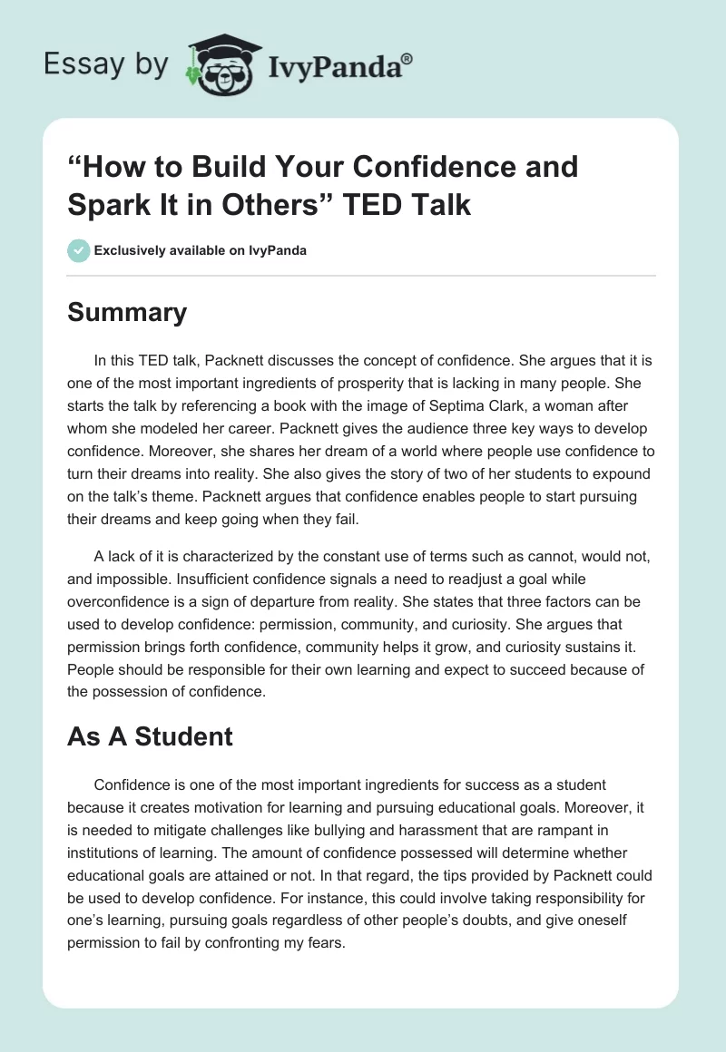 “How to Build Your Confidence and Spark It in Others” TED Talk. Page 1
