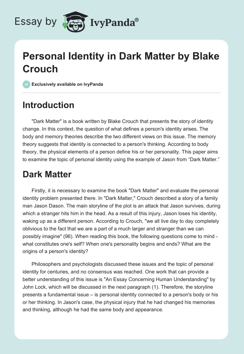 Personal Identity in "Dark Matter" by Blake Crouch. Page 1