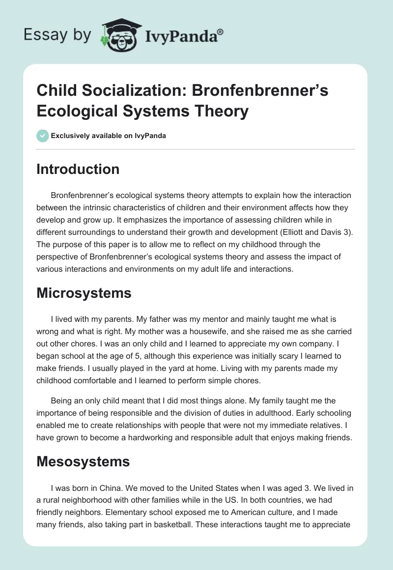 Child Socialization: Bronfenbrenner’s Ecological Systems Theory. Page 1