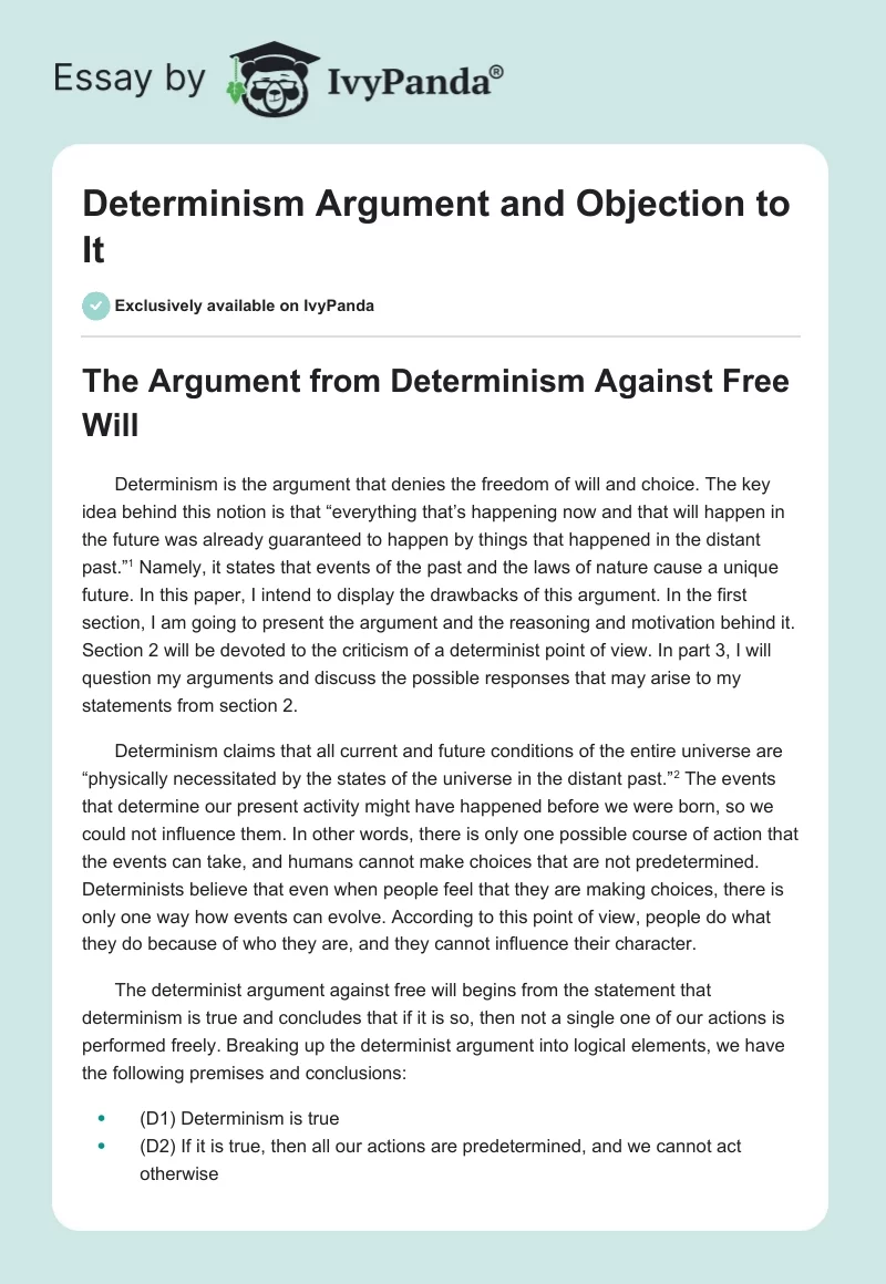 Determinism Argument and Objection to It. Page 1