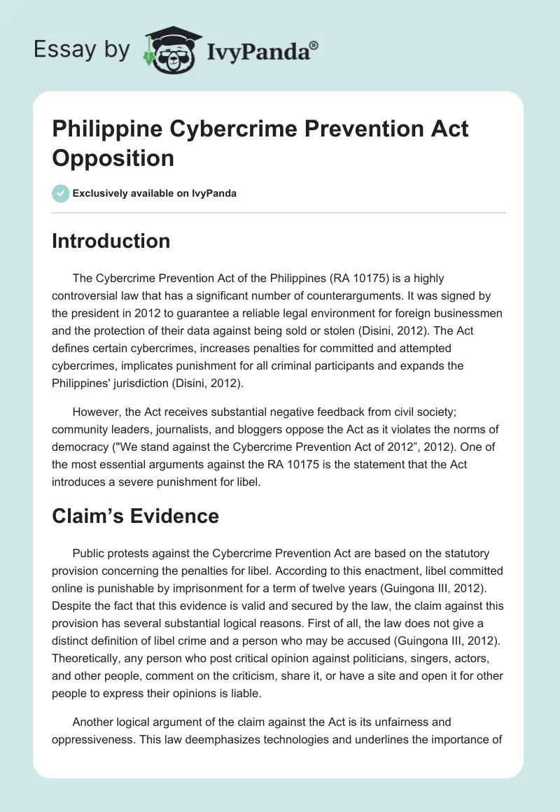 Philippine Cybercrime Prevention Act Opposition. Page 1