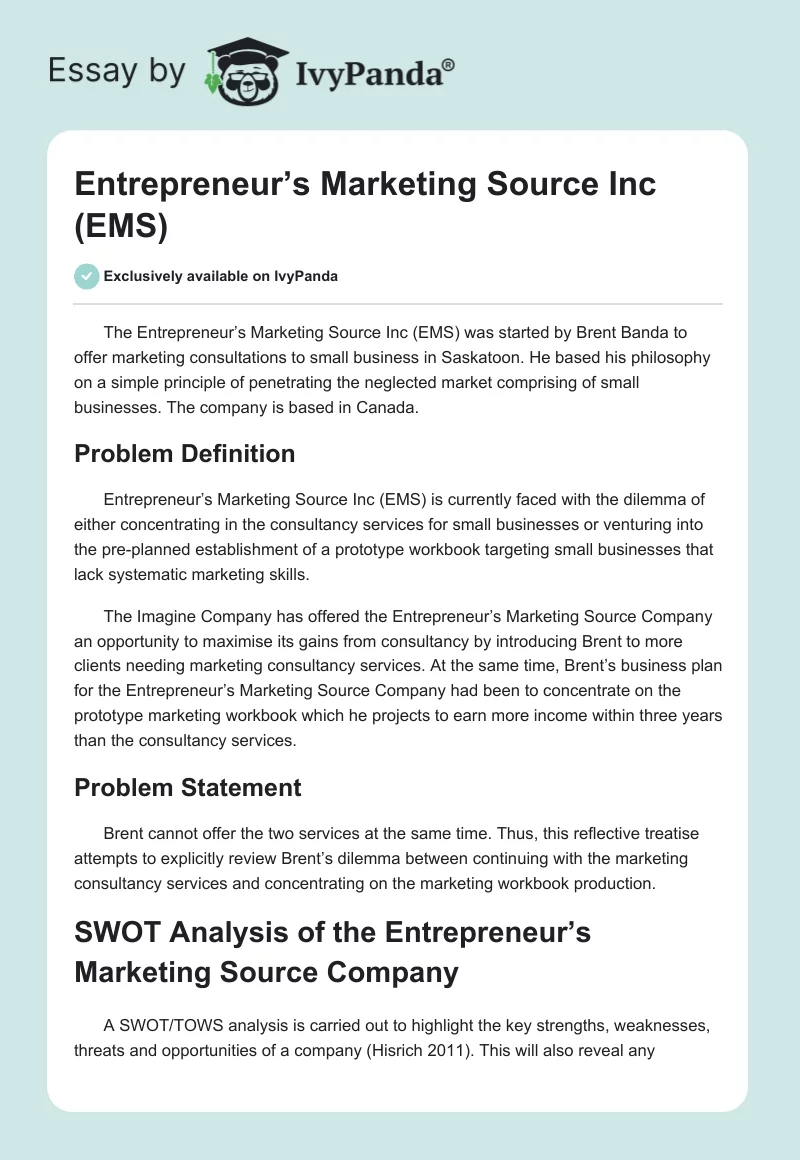 Entrepreneur’s Marketing Source Inc (EMS). Page 1