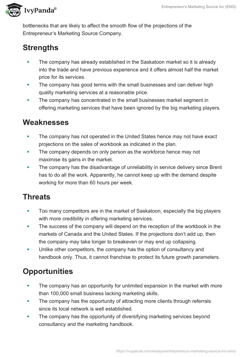 Entrepreneur’s Marketing Source Inc (EMS). Page 2