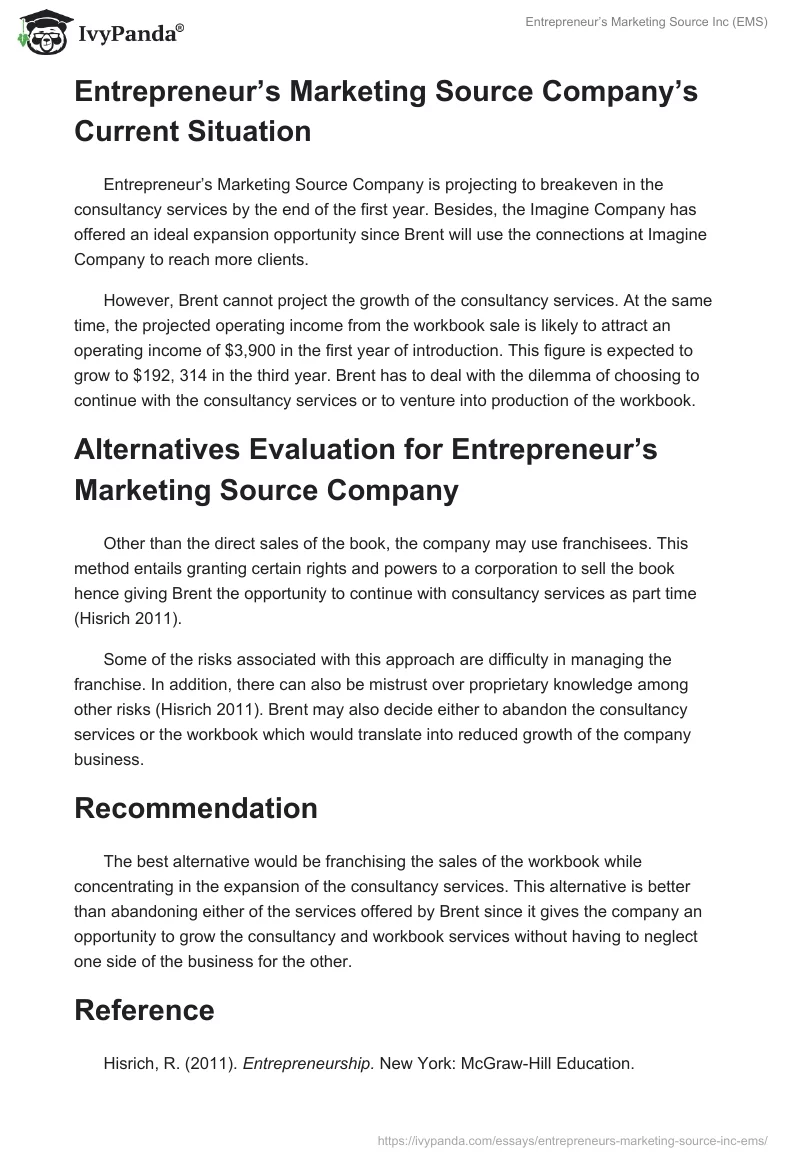Entrepreneur’s Marketing Source Inc (EMS). Page 3