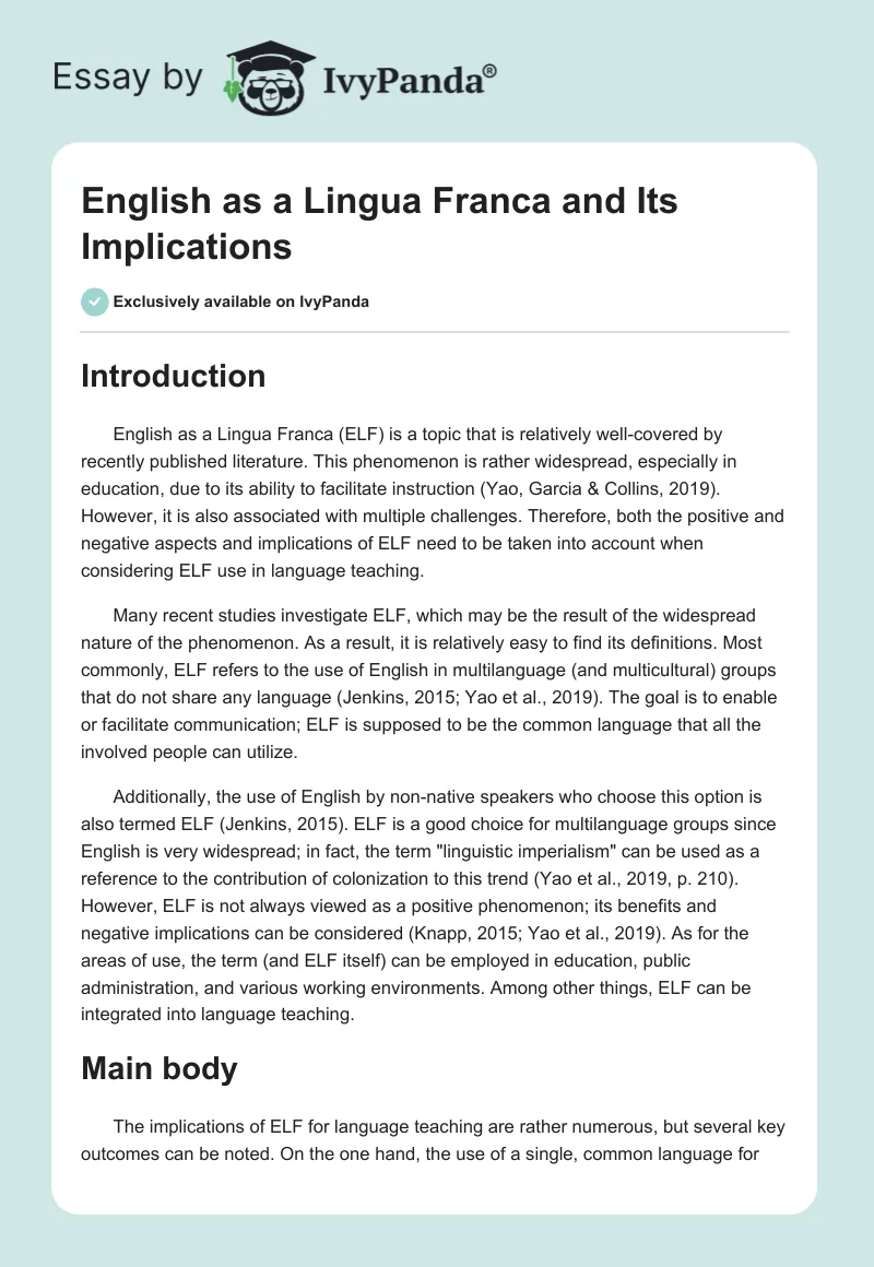 English as a Lingua Franca and Its Implications. Page 1