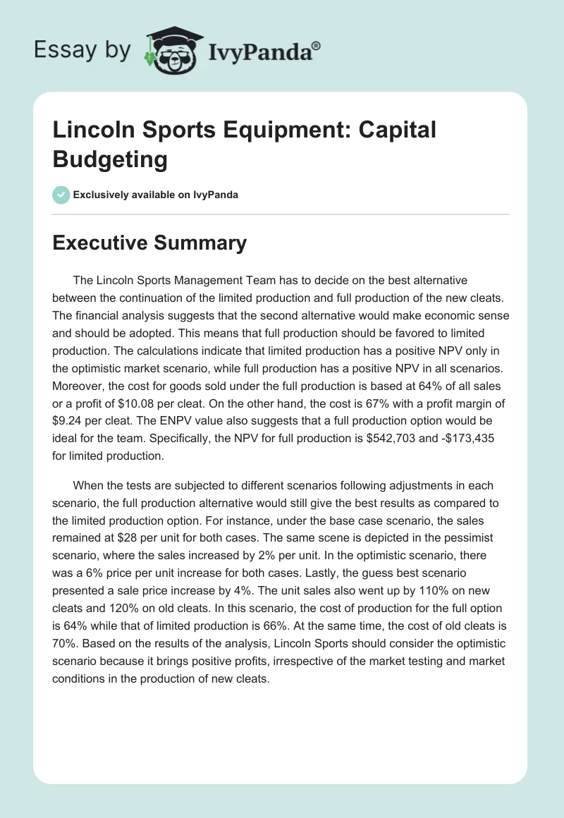 Lincoln Sports Equipment: Capital Budgeting. Page 1