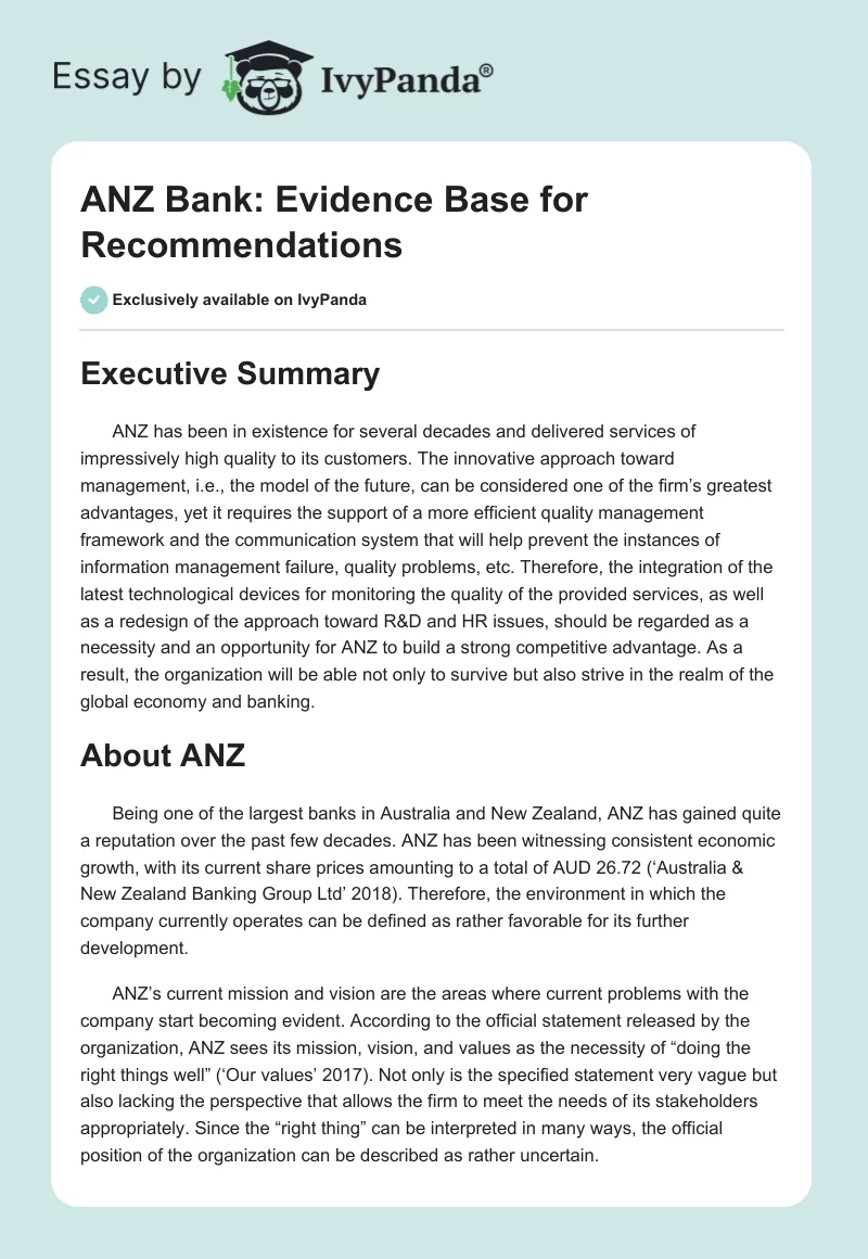 ANZ Bank: Evidence Base for Recommendations. Page 1