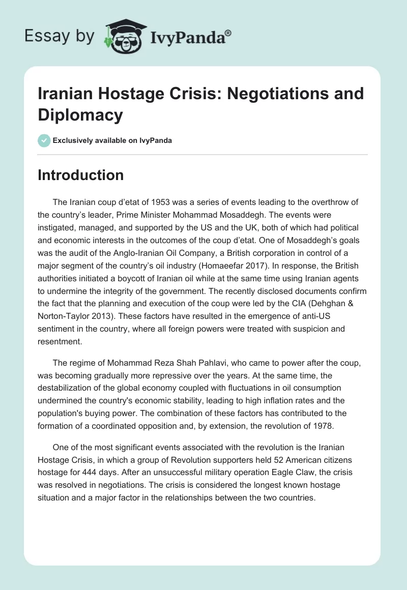 Iranian Hostage Crisis: Negotiations and Diplomacy. Page 1