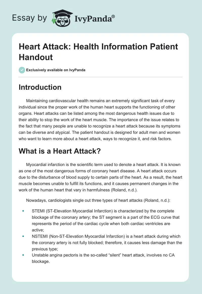 Heart Attack: Health Information Patient Handout. Page 1