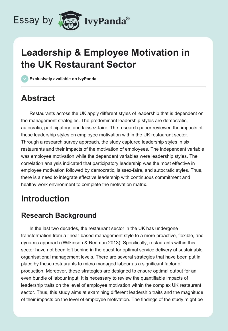 Leadership & Employee Motivation in the UK Restaurant Sector. Page 1