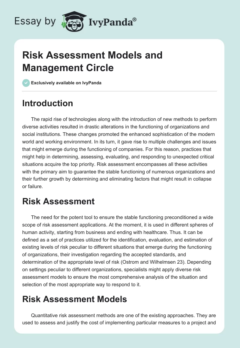 Risk Assessment Models and Management Circle. Page 1