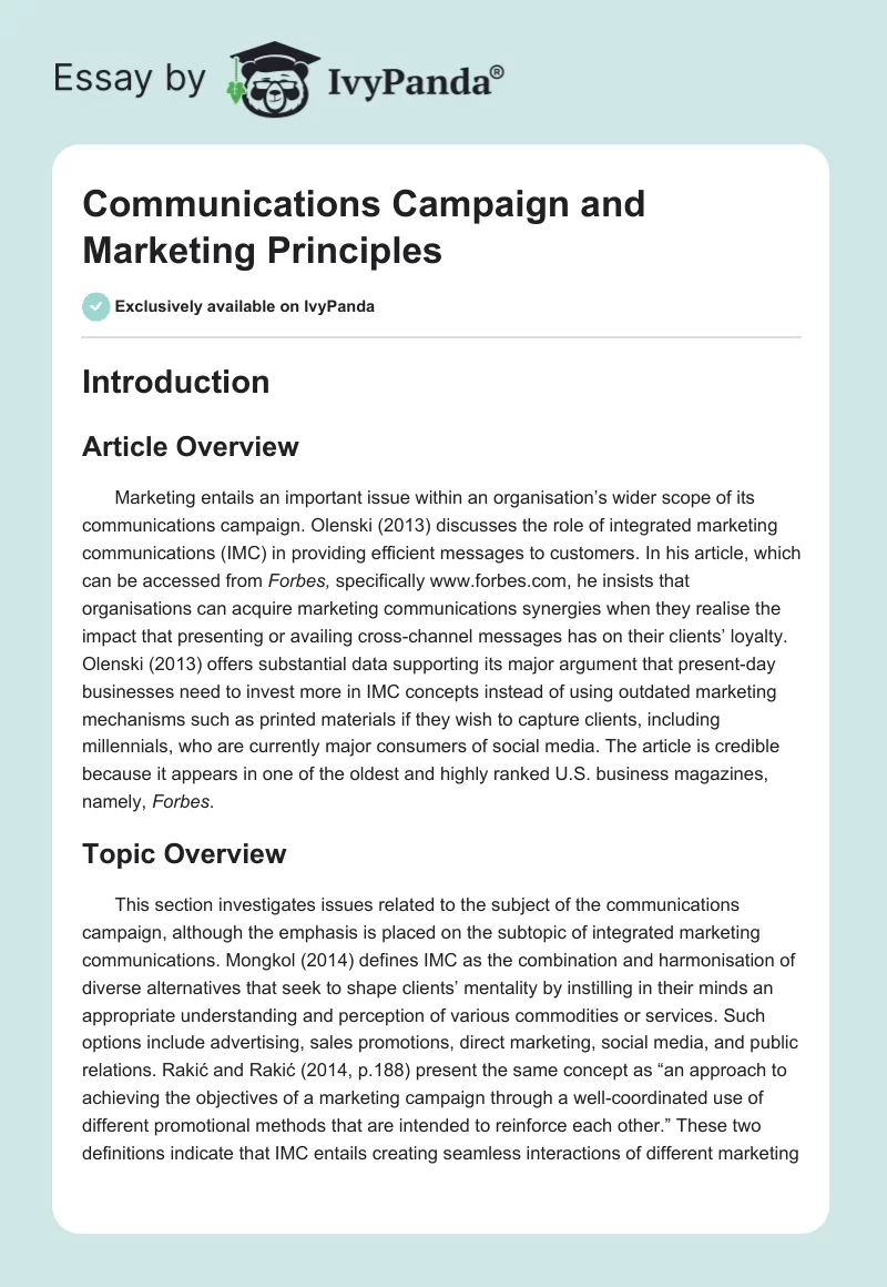 Communications Campaign and Marketing Principles. Page 1