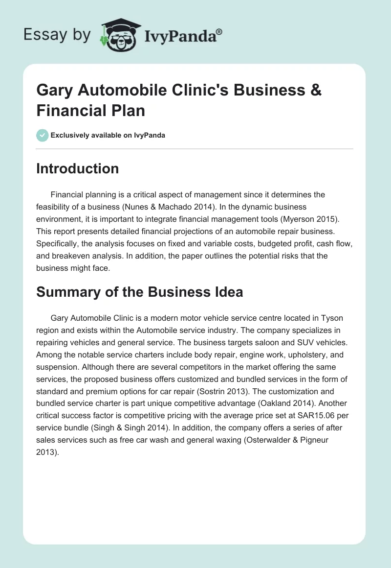 Gary Automobile Clinic's Business & Financial Plan. Page 1