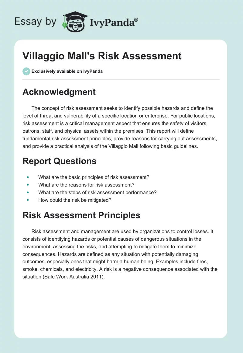 Villaggio Mall's Risk Assessment. Page 1