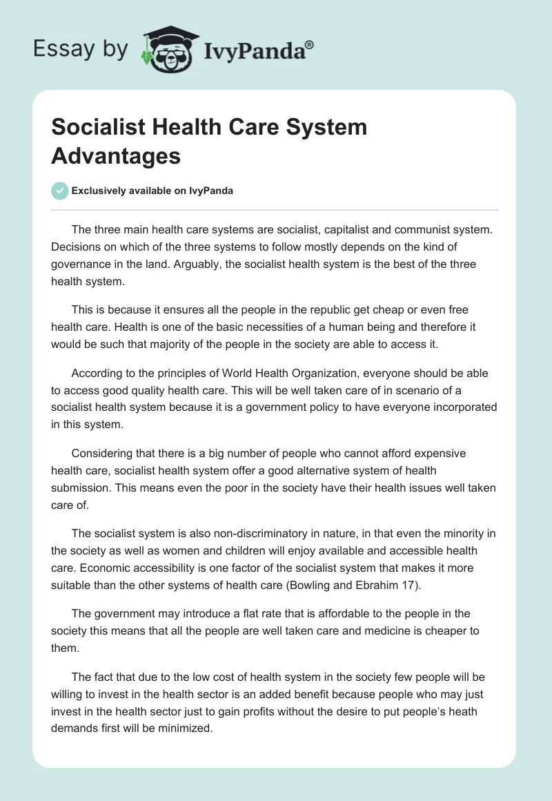 Socialist Health Care System Advantages. Page 1