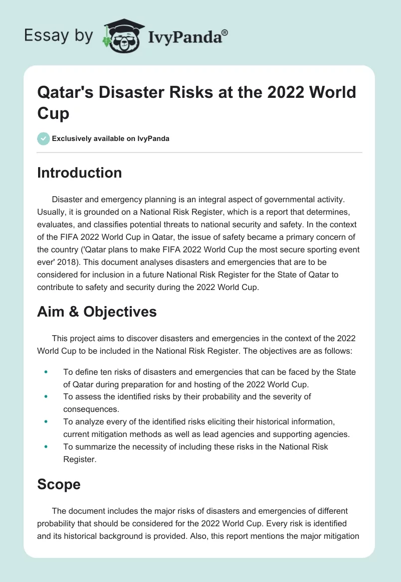 Qatar's Disaster Risks at the 2022 World Cup. Page 1